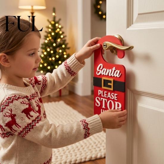 Front Door Decoration Christmas Hanger Sign with Santa Please Stop Here Text, Wooden Seasonal Hanging Ornament Claus Belt for Home Holiday Party Decor
