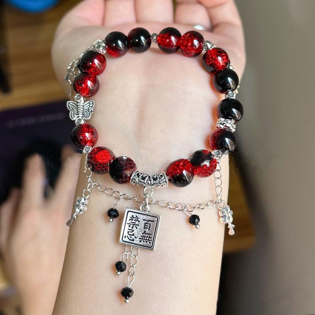 Chinese Style Red Beaded Bracelet for Women Blessing Butterfly Tassels Chain Pendant Bracelets Dark Gothic Jewelry Accessories
