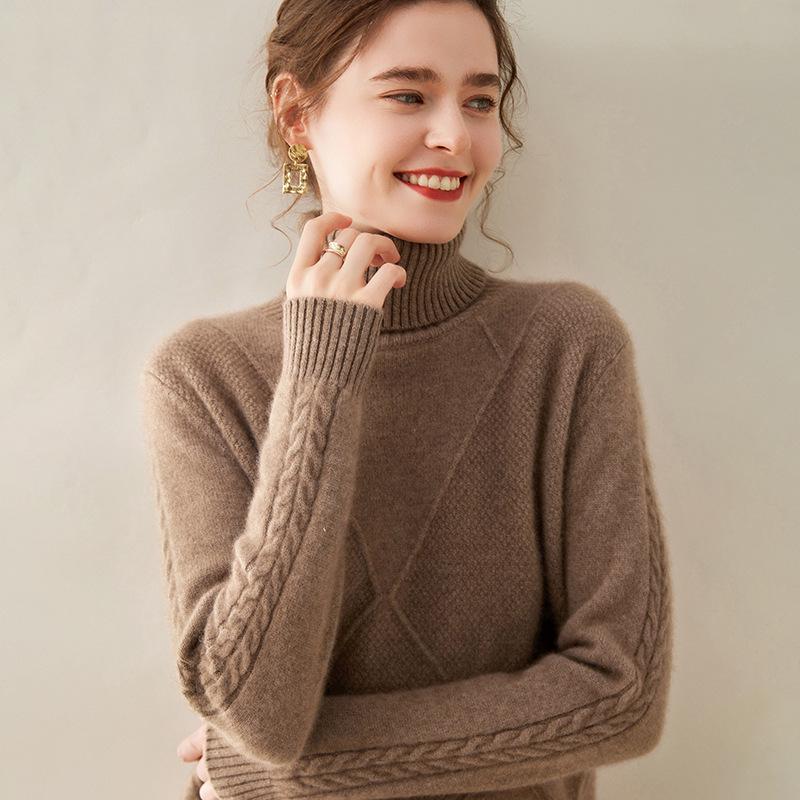 Женский кашемировый свитер с высоким воротником ромбовидной вязки - Плотный, стильный базовый слой для осенне-зимних нарядов