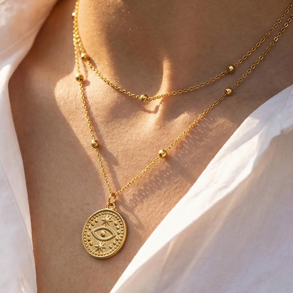 Двухслойное ожерелье с глазом Фатимы, покрытое 18-каратным золотом, с простым дизайном