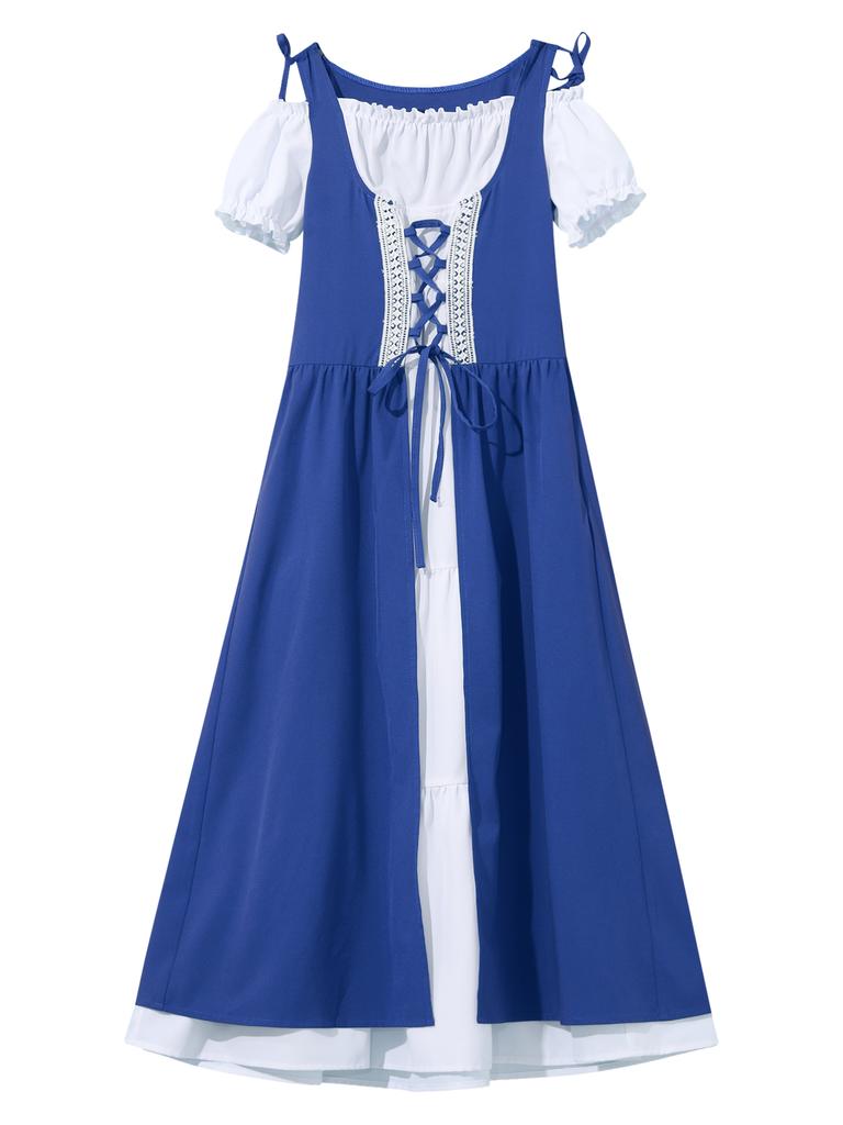 Kids Girls Renaissance Cosplay Medieval Dress Up Costumes Short Sleeve Adjustable Lace-up Gown Dress