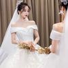 Off Shoulder Court Style Wedding Dress – Elegant French Light Luxury Bridal Gown with Long Train