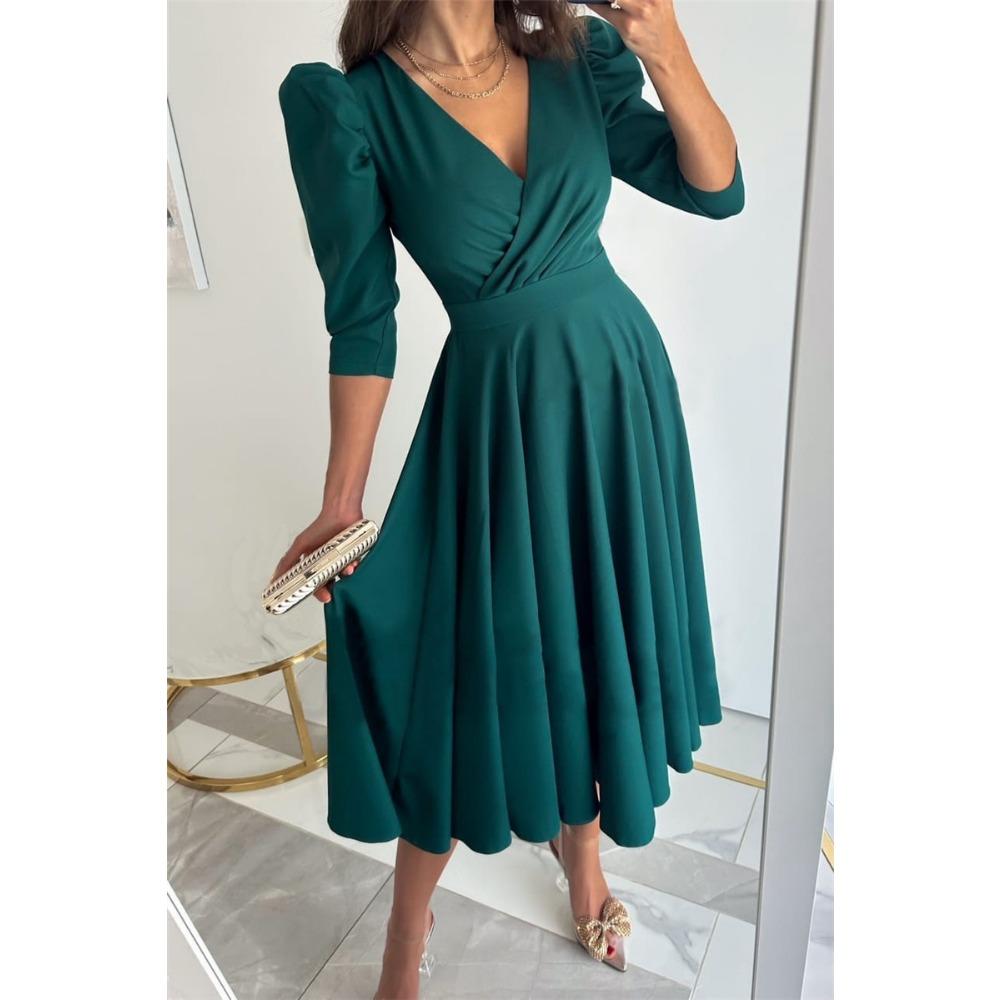 GMXIA Women's Fashion Spring Autumn Solid Color Print Long Sleeve V-Neck High Waist Casual Dresses