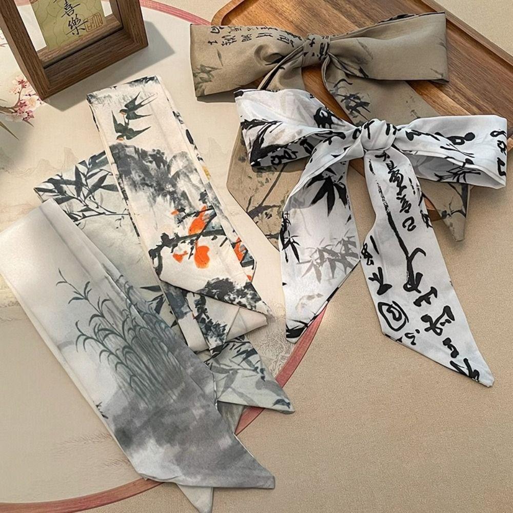 Ribbon Ink Painting Silk Scarf Long Ancient Hair Band Elegant Long Silk Scarf Lady