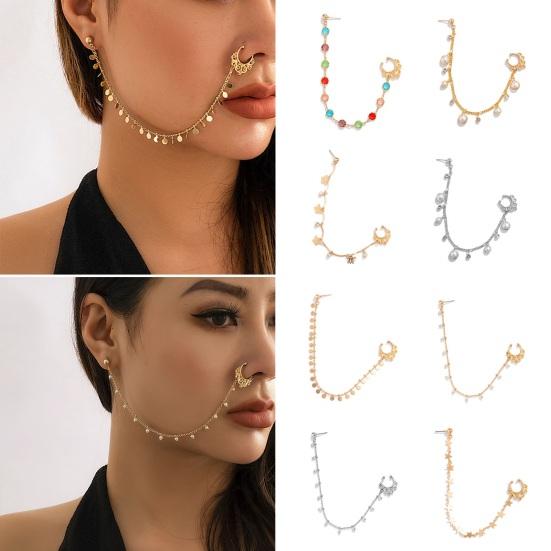 Ethnic Style Star Chain Faux Nose Pearl Tassel Leaf Jewelry Piercing Stud Earrings Nose Ring