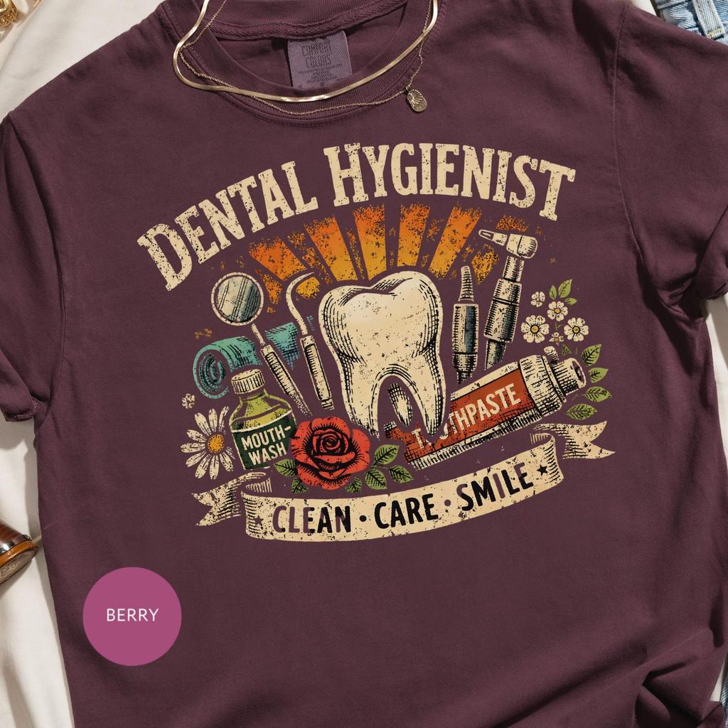 Dental Hygienist Tee, Berry Cotton Blend With Distressed Tooth Graphic
