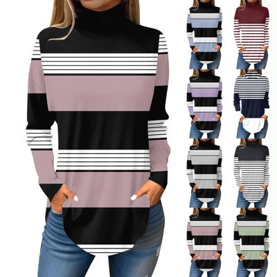Женская модная повседневная футболка с высоким воротом и полосатым принтом, длинный рукав, пуловер