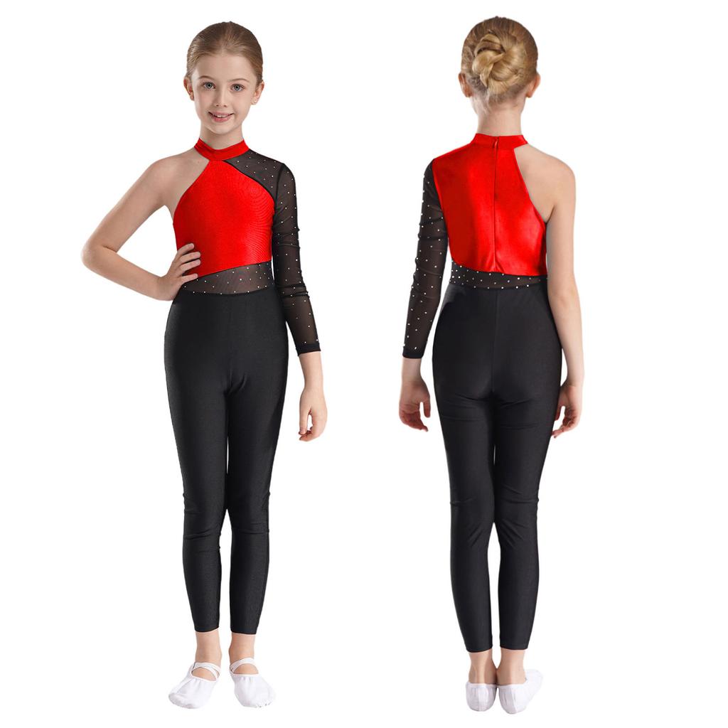 Girls One Mesh Sleeve Full Body Cover Jumpsuits Gymnastics Ballet Modern Dance Uniform Unitard Ice Skating Competition Costume