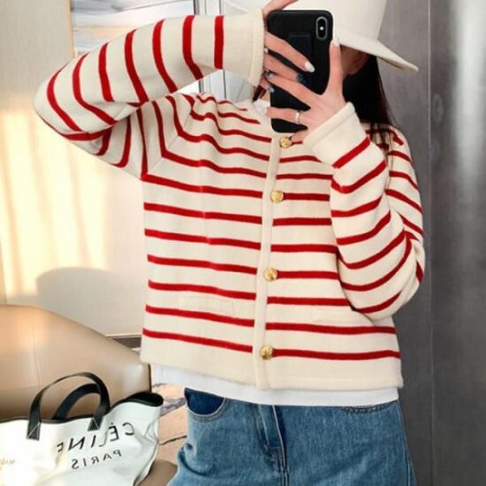 Navava Striped Round Neck Long Sleeve Knit Cardigan Nc306