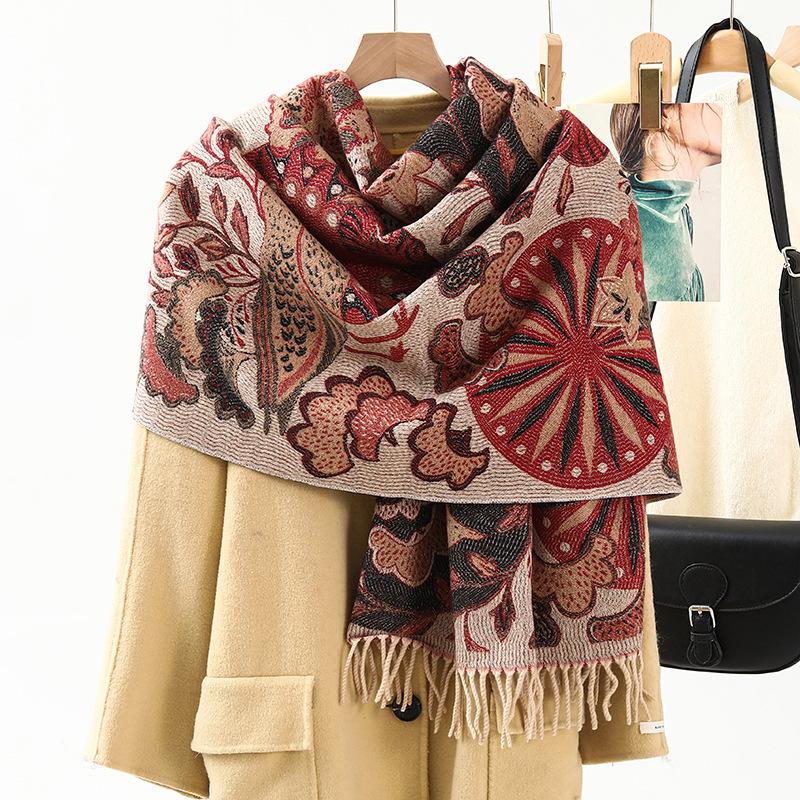 Jacquard Scarf Women's Winter Thickened Warm Ethnic Style Shawl High End New Imitation Cashmere Scarf