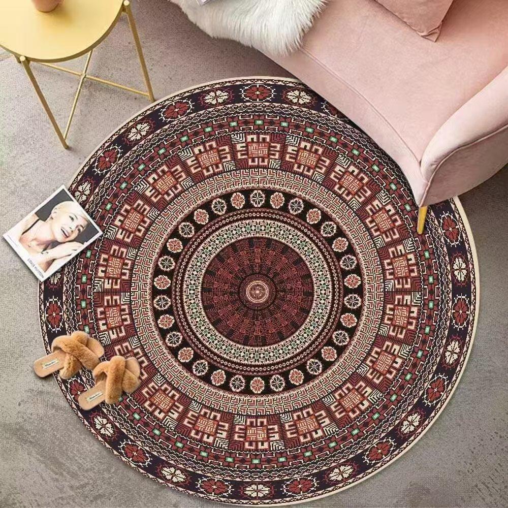 Bohemian Tribal Geometric Round Area Rug Soft Non-Slip Floor Mat Vintage Ethnic Aztec Mandala Pattern Carpet for Bedroom