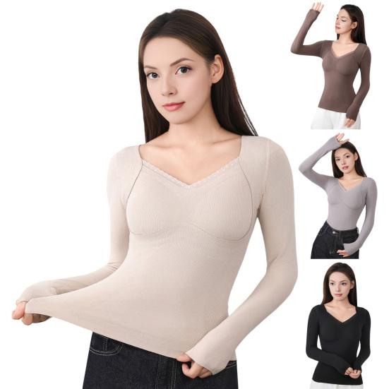 Women Thermal Tops Solid Color V-Neck Long Sleeve Velvet Lining Seamless Elastic Bottom Tops Winter Thermal Blouse