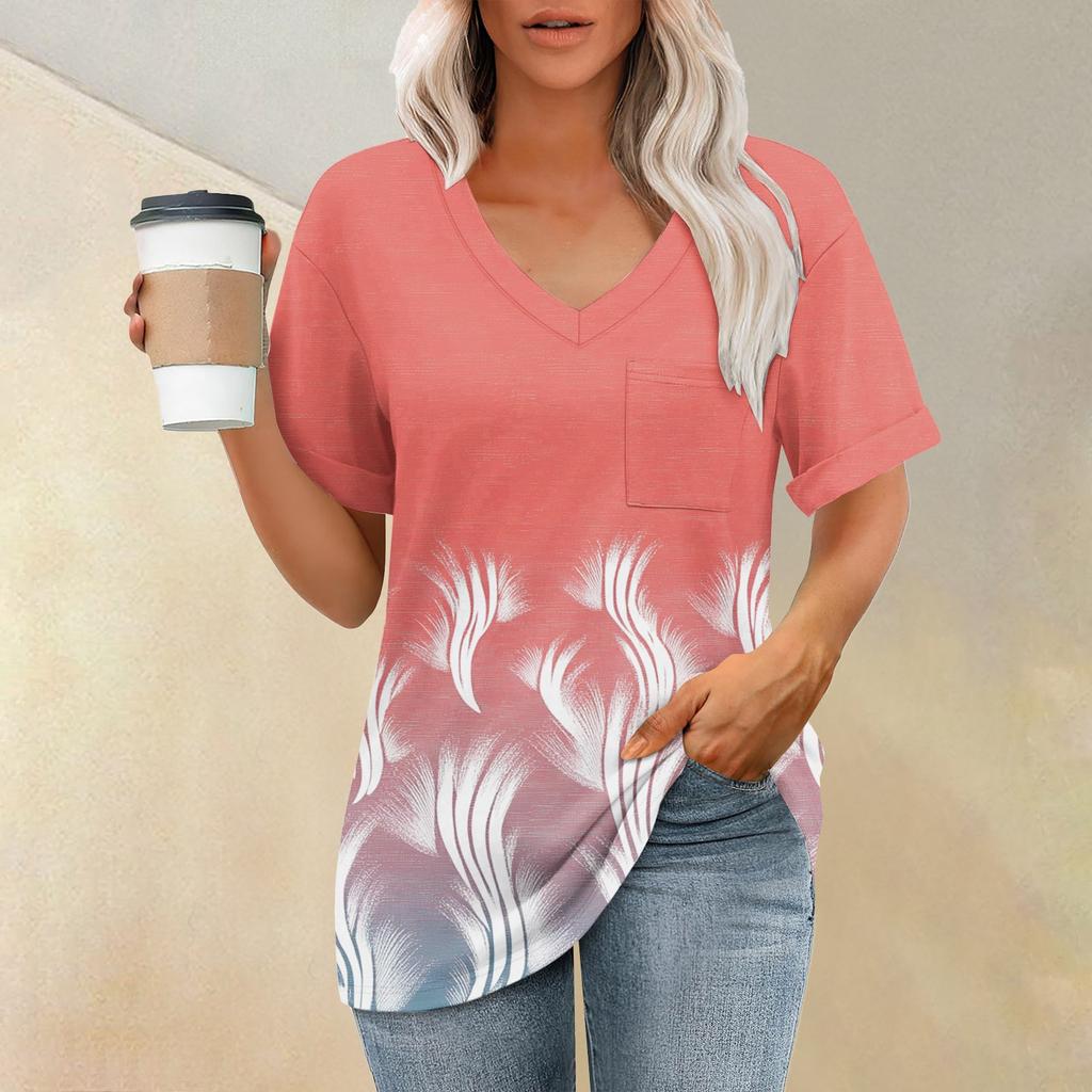 Women's Fashion Pocket V-neck Short Sleeve Plant Floral Print T-shirt Top