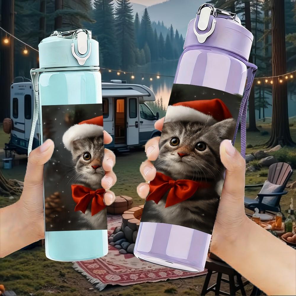 1PC Christmas Santa Hat Kitten Portrait 750ml Color Plastic Sports Water Bottle Leakproof Flip Straw Lid Suitable for Sports Office Home Use