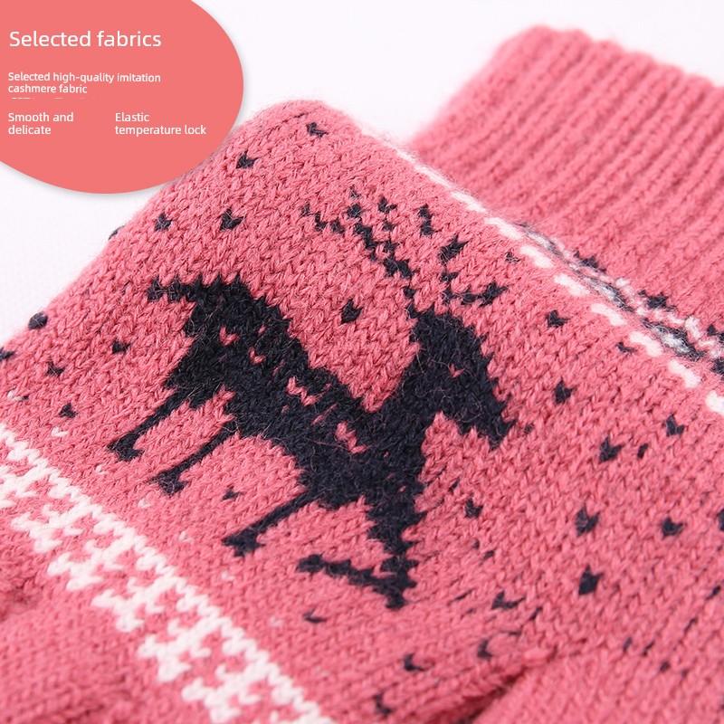Winter Cycling Cold-Proof Warm Plush Gloves for Female Students, Touchscreen Deer-Pattern Gloves for Driving in Winter, Fingerless