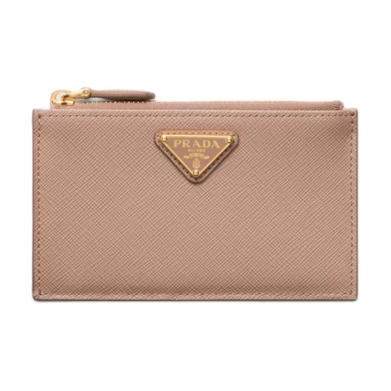 Prada Saffiano Enamel Metal Triangle Logo Zipper Closure Cowhide Card Holder Women's Nude Pink