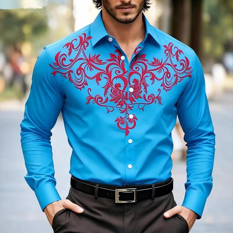 Mens Casual Loose Long Sleeve Retro Pattern Printed Breathable Shirt
