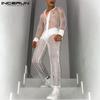 2PCS Summer Mens Fashion Sheer Mesh Long Sleeve Shirts & Long Pants Sets Slim Fit Party Loungewear S-5XL
