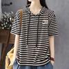 Повседневная модная женская полосатая футболка с капюшоном с принтом, новые летние винтажные пуловеры с короткими рукавами, топы, женская одежда