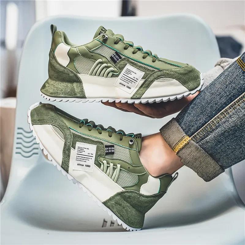 2024 Fashion Casual Breathable Leather Mesh Increased Thick Platform Designer Shoe Color Block Chunky Sneakers Men Running Shoes