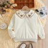 Girls' Sweatshirt Creamy White Long Sleeve Top for Ages 5-12 Cute And Stylish Floral Embroidered Peter Pan Collar Kids Clothes