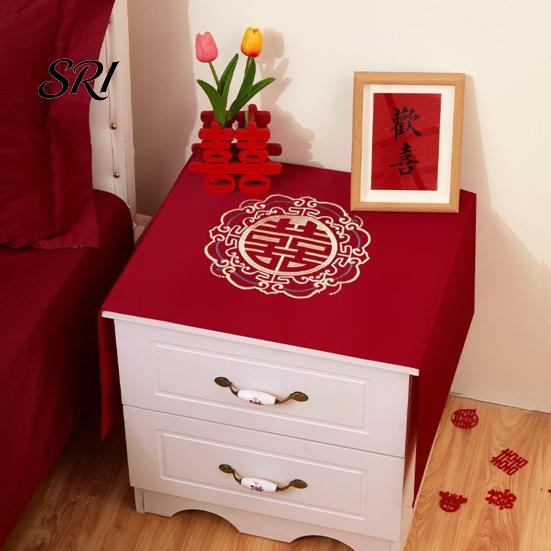Tablecloth Dust Cover Chinese Wedding Nightstand Burgundy Satin Bedside Table Furniture Protector Dustproof Cloth for Bedroom Decor