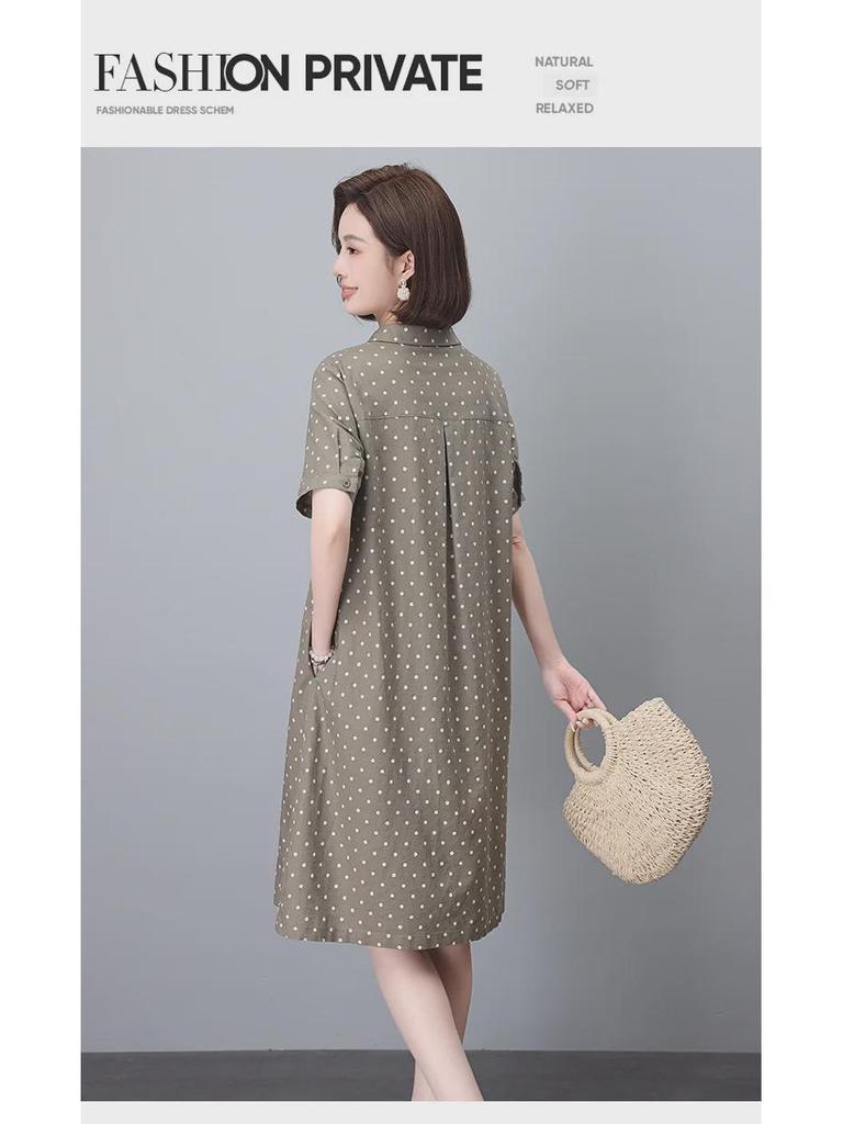 Летнее платье в горошек из хлопка и льна 2024 года — женское, французский стиль, размер плюс, длинная юбка