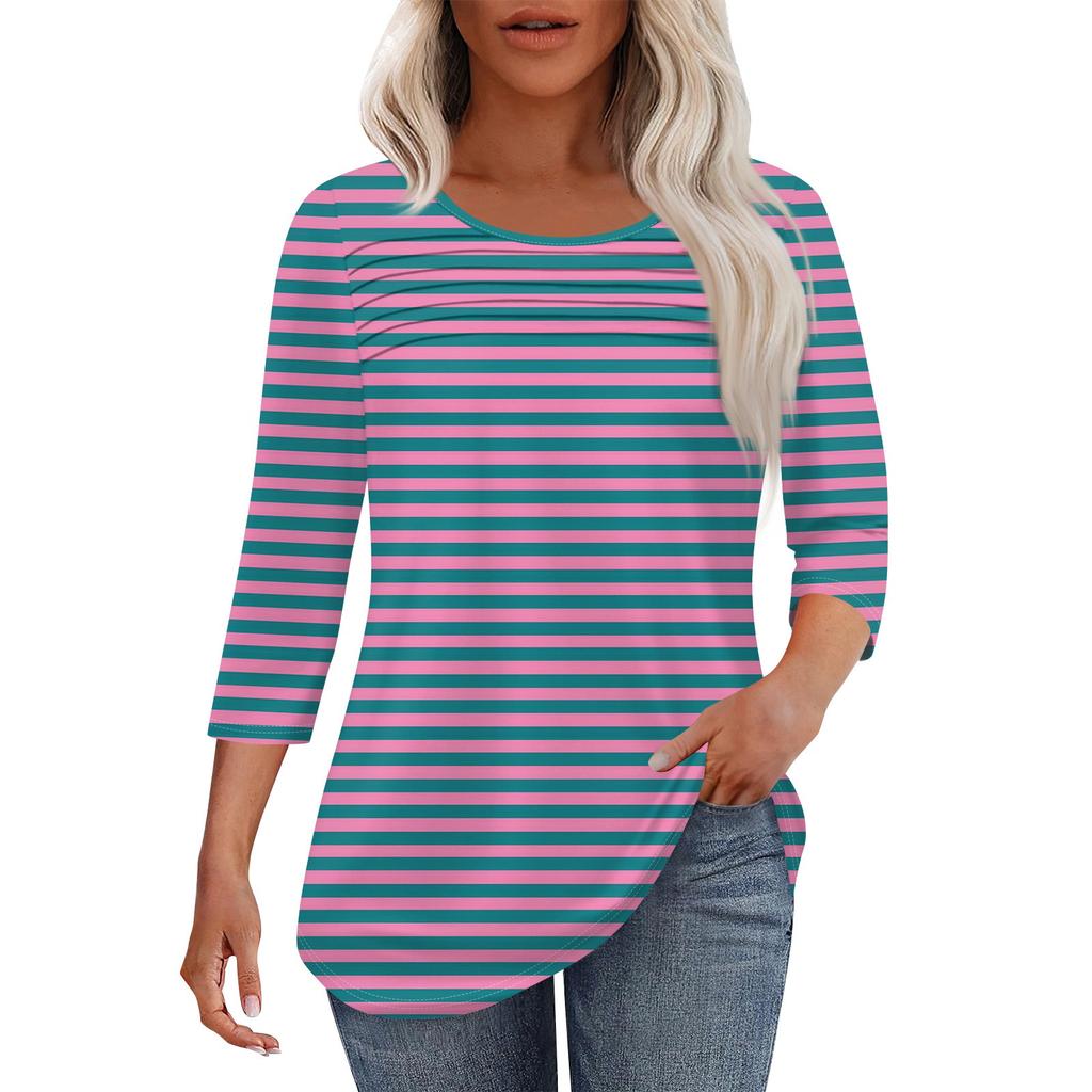 Женская мода круглый вырез шея плиссированная передняя планка с принтом рукав 3/4 топ