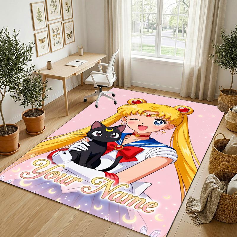 Personalized Crystal Velvet Carpet,Sailor Moon Custom Printed Name, Plush Area Rug For Home Indoor Decor