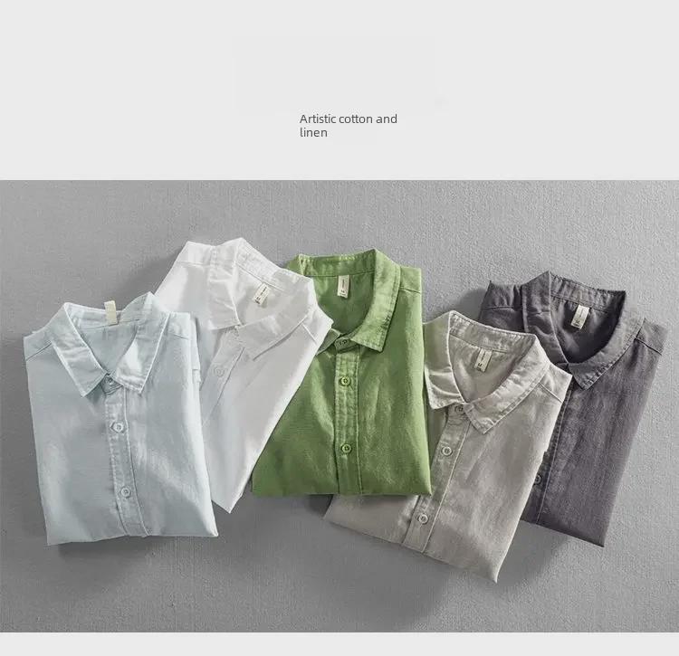 Мужская модная повседневная белая рубашка из хлопка и льна с коротким рукавом