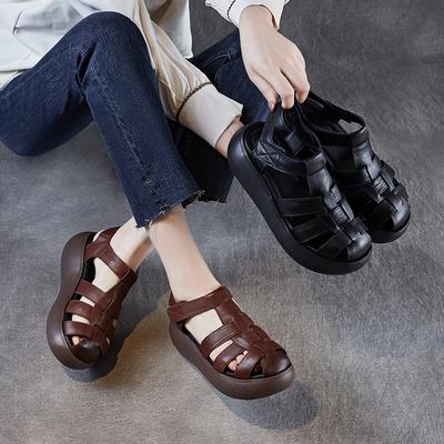 Мода Высокое Качество 6СМ Коровья Плетение Натуральная Кожа Полые Ботильоны Сандалии Ботинки Балетки Женские Туфли Мэри Джейн На Платформе Клиновидный Летняя Обувь
