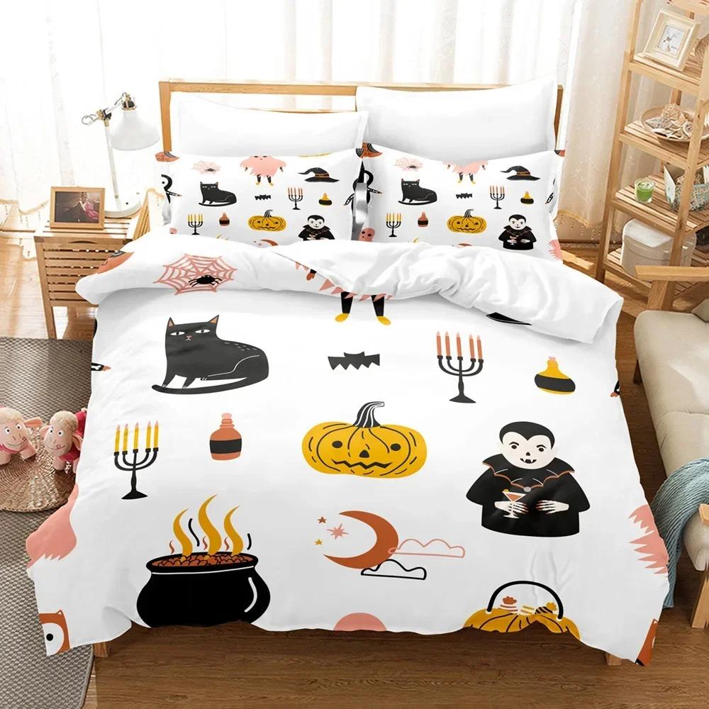 Halloween Cartoon Pumpkin Lantern Castle Bat Comfortable Duvet Quilt Cover Pillowcase Bedding Set Children Bedroom Decoration