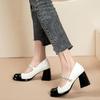 TEAHOO Mary Jane Spring Black & White Thick Heel JK Women's Shoes with Metal Chain High Heels.