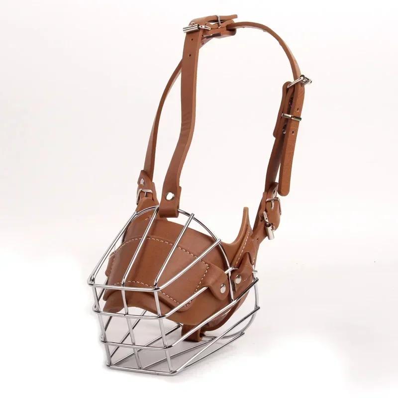 Кожаный намордник для собак, дышащий, регулируемый, металлический, защитный чехол, аксессуары для дрессировки домашних животных и собак