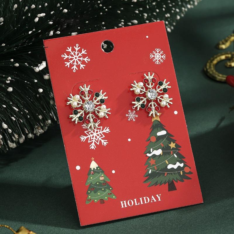 Christmas New Earrings Women's Diamond Pearl Snowflake Stud Earrings Alloy Rhinestone Earrings Jewelry