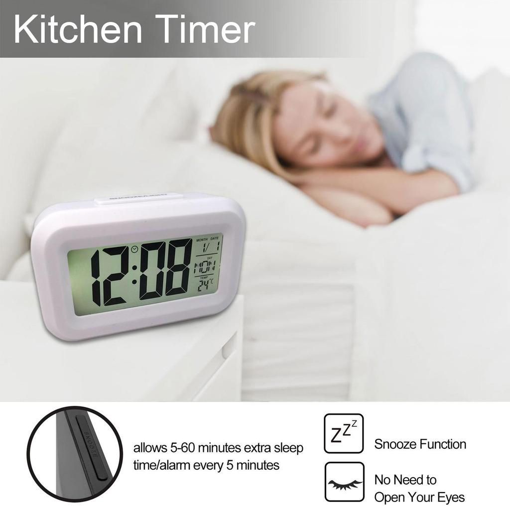 Electronic table clock, mains and battery powered, night light, silent, with snooze function