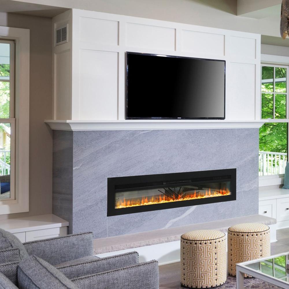 70in Black Electric Fireplace, Wall Mount & Freestanding, 12 Color LED Flame with Crystal Decor, 177.8×14.6×32.7cm