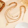Bohemian White Imitation Pearl Handmade Beads Necklace for Women Simple Metal Cross Charm Clavicle Chain Wedding Bride Zircon