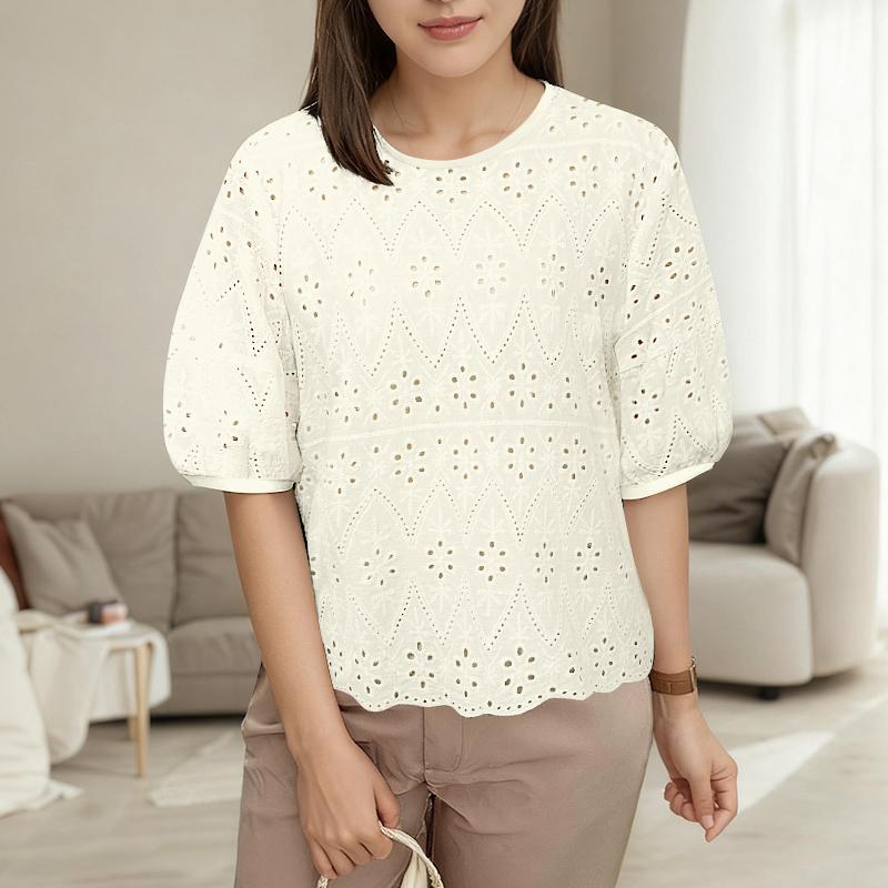 ZANZEA Женская повседневная блузка с круглым вырезом, коротким рукавом, вышивкой, крючком, пэчворком