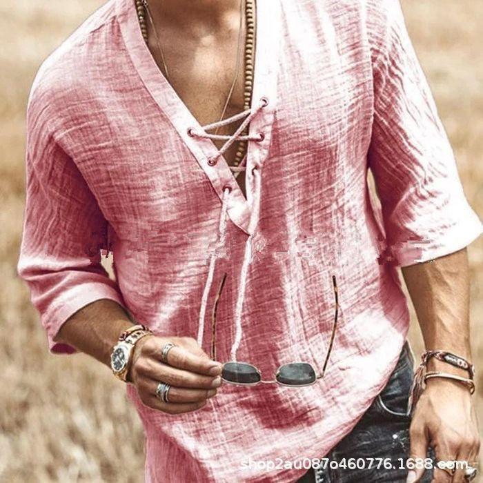 Popular Men's Chest Strap-Up Corn Medium Sleeve T-Shirt Shirt