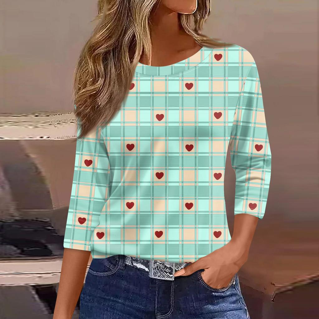 Women's Fashionable Casual Three Quarter Sleeve Printed Round Neck Top
