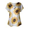Женская модная футболка с принтом подсолнечника, плиссированный топ на пуговицах с v-образным вырезом и короткими рукавами