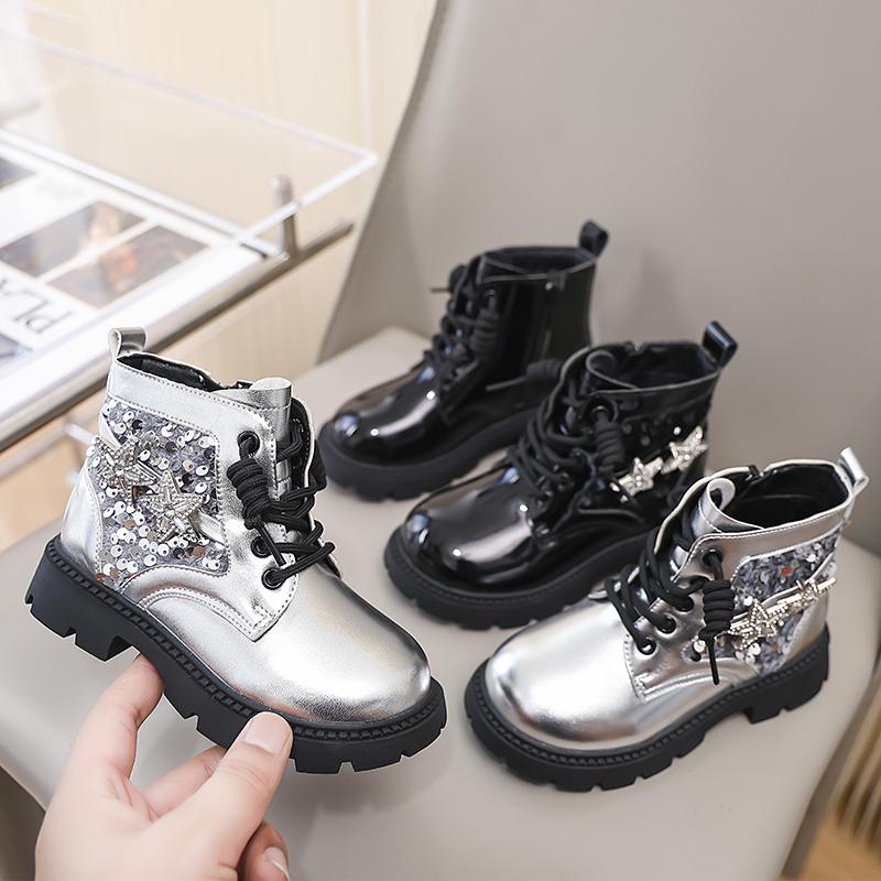 Winter Girls Sequins Boots Luxury Versatile Children Fashion Boots Black Silver Non-slip Kids Causal Ankle Cotton Boot Trend New
