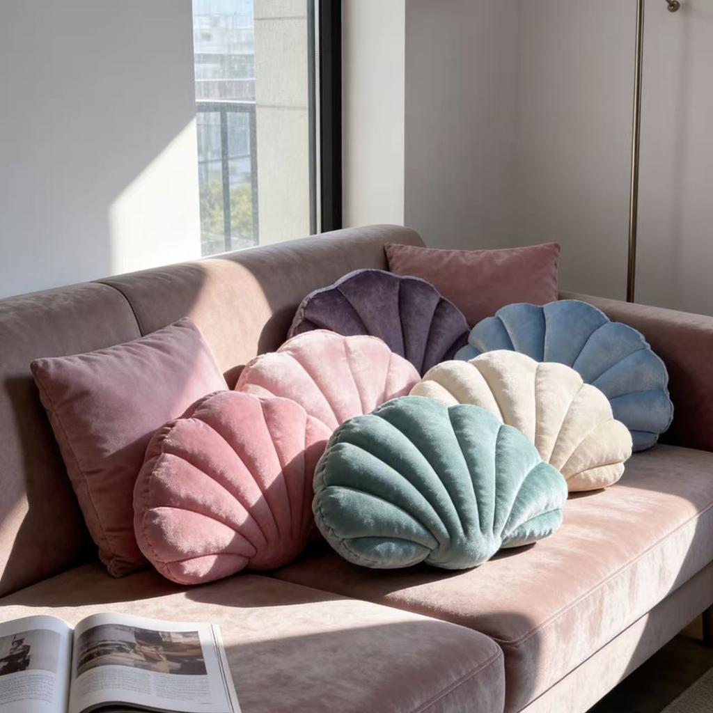 A seashell-shaped pillow, suitable for living room sofas, bedrooms, offices, and home decor.