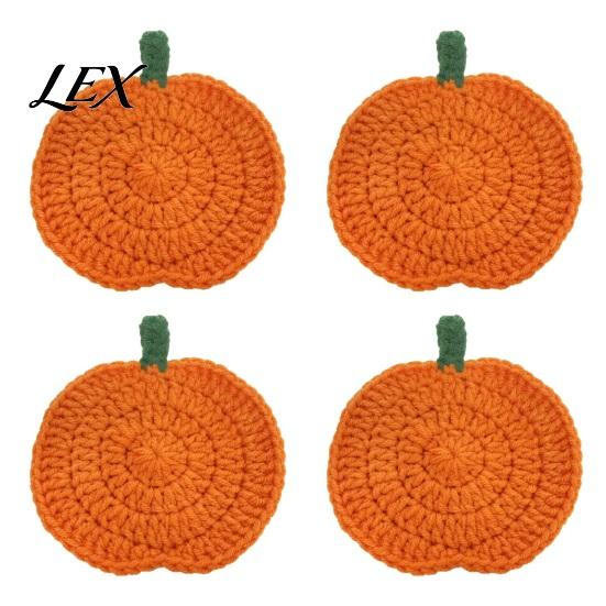 Crochet Pumpkin Cushion Handmade Coasters, Soft Polyester Coffee Mats, Heat Resistant Drink Mats Autumn Themed Farmhouse Dining Accessories
