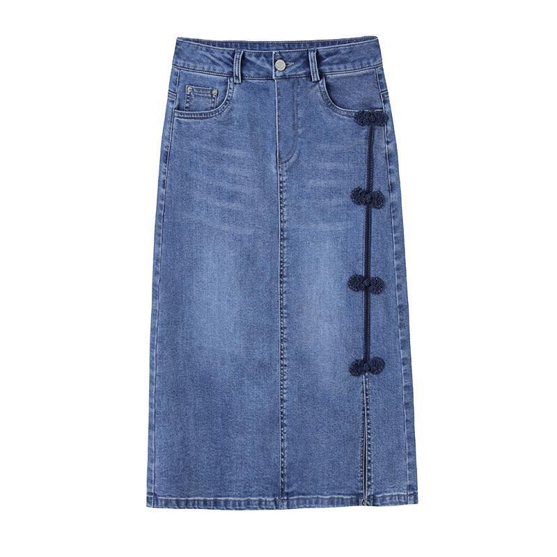 Юбка из денима в китайском стиле с разрезом на высокой талии и летней юбкой средней длины