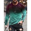 Gradient Color Stripe Long Sleeve Novelty Crew Neck T-Shirt Soft Slight Stretch Polyester Contrast Collar All Over Print Design