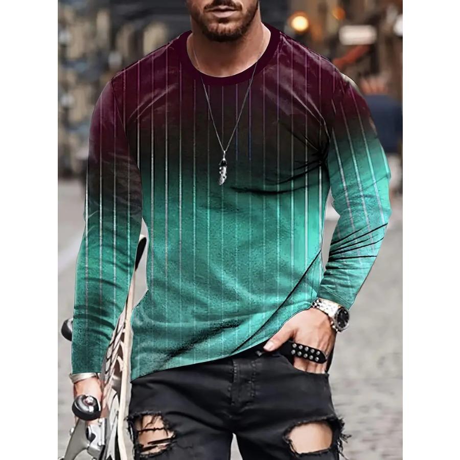 Gradient Color Stripe Long Sleeve Novelty Crew Neck T-Shirt Soft Slight Stretch Polyester Contrast Collar All Over Print Design