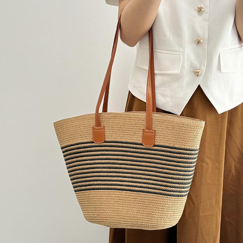 Women Fashion Striped Summer Beach Straw Knitting Shoulder Bag Hollow Out Handwoven Handbags Portable Large Capacity Casual Tote AVE