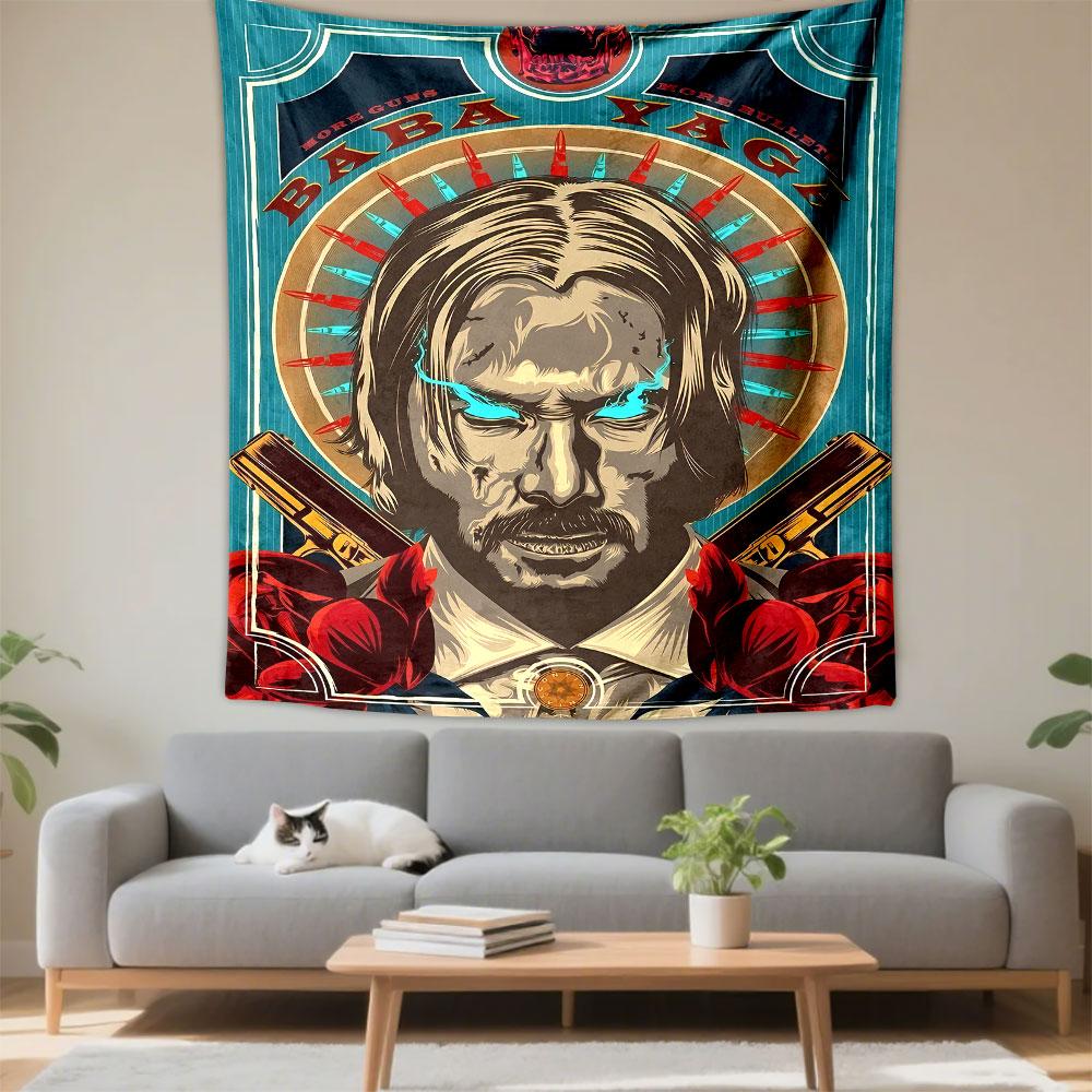Fiery-eyed figure with a halo of bullets, guns, and rose accents. Patterned tapestry for bedroom and living room home decor